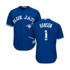 Mens Toronto Blue Jays #1 Alen Hanson Authentic Blue Team Logo Fashion Baseball Jersey  For Sale